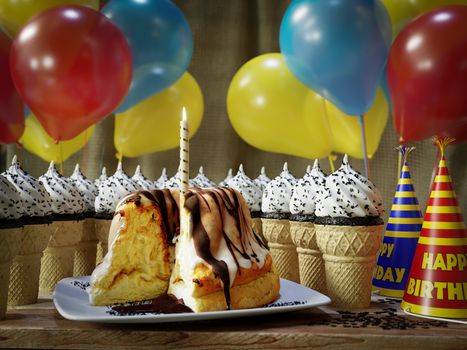 Many ice cream cones and  birthday cake on the wooden vintage table conceptual photo
