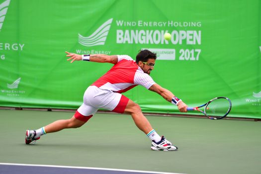 BANGKOK - JANUARY 08 : Janko Tipsarevic of Serbia winner of Wind Energy Holding Bangkok Open 2017 (ATP Challenger Tour) at Rama Gardens Hotel on January 08, 2017 in Bangkok, Thailand.