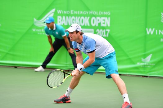 BANGKOK - JANUARY 08 : Blaz Kavcic of Slovenia in Wind Energy Holding Bangkok Open 2017 (ATP Challenger Tour) at Rama Gardens Hotel on January 08, 2017 in Bangkok, Thailand.