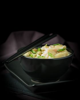 Bowl of steamed shrimp dumplings and noodles/