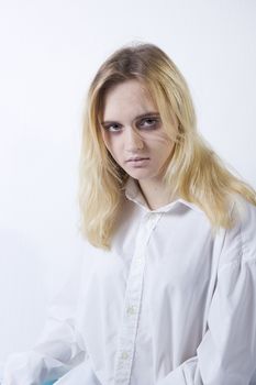 Young woman with depression isolated on white background