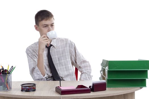 Relaxed young man office worker on a white background