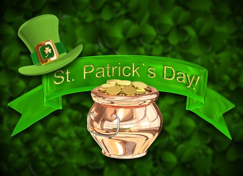 3D Illustration of a Pot of Gold on a Green Background