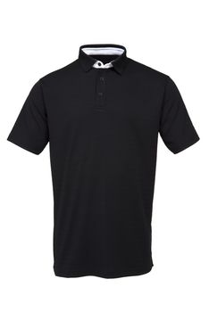 Black golf tee shirt with white collar for man on white background