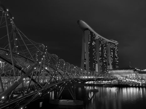 BLACK AND WHITE PHOTO OF HELIX BRIDGE AT NIGHT