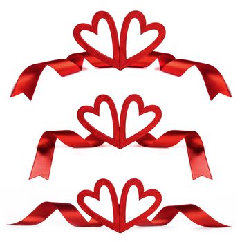 Red Valentine day hearts and curly ribbons set isolated on white background