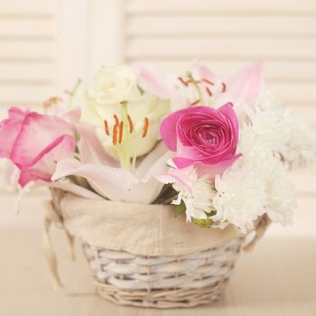 Beautiful flower composition in basket, Valentines day gift