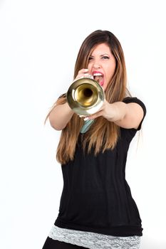 Funny woman holding trumpet isolated on withe background