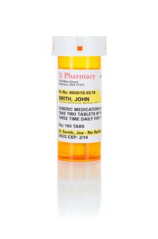 One Non-Proprietary Medicine Prescription Bottle Isolated on a White Background.