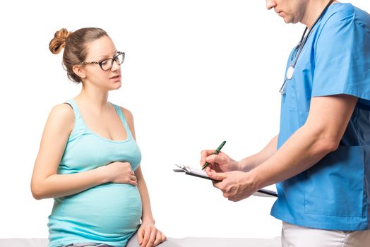 Pregnant woman and doctor with a folder isolated