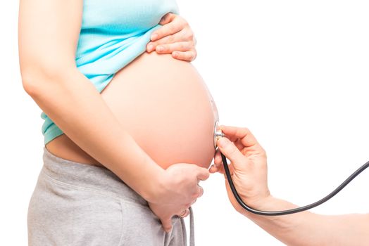 belly closeup and doctor hand with stethoscope isolated