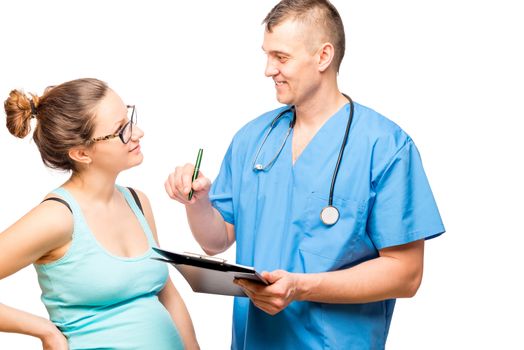 horizontal portrait of the pregnant woman and doctor isolated