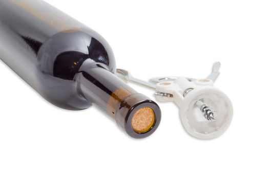 Fragment of a bottle of wine with the cork and wing corkscrew on a light background closeup
