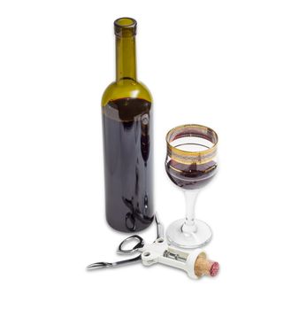 Wing corkscrew with wine cork, two wine glasses with red wine, bottle of a wine on a light background
