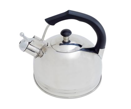 Stainless steel kettle with a whistle on a light background
