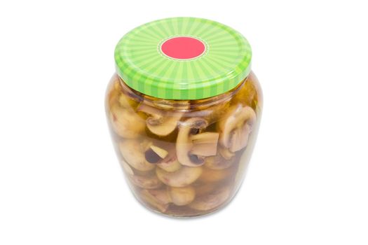 Pickled button mushrooms in glass jar with green screw cap on a light background
