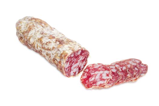 Italian salami, partially sliced thin slices on a light background
