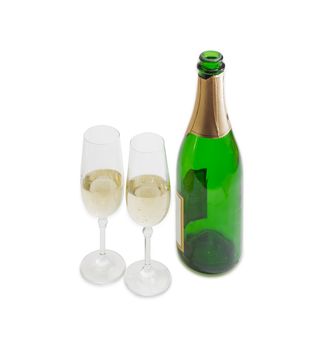 Two wine glasses with sparkling wine and a bottle of wine on a light background
