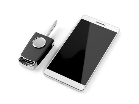Car key and smartphone on white background