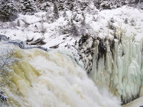 Tannoforsen waterfall in Sweden, does not freeze in the winter the water falls from a height of between stones