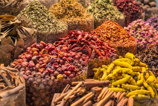 Spices and herbs being sold on street stal at Morocco traditional market.