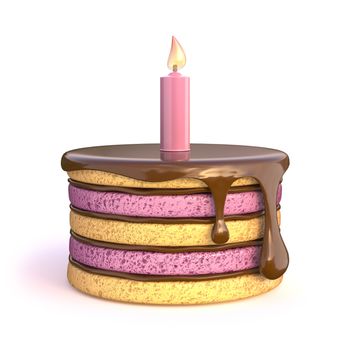 Birthday cake with one candle. 3D render illustration isolated on white background