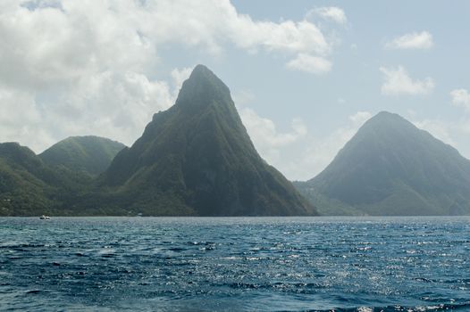 View across the bay at Soufriere to the sea and Piton mountain.