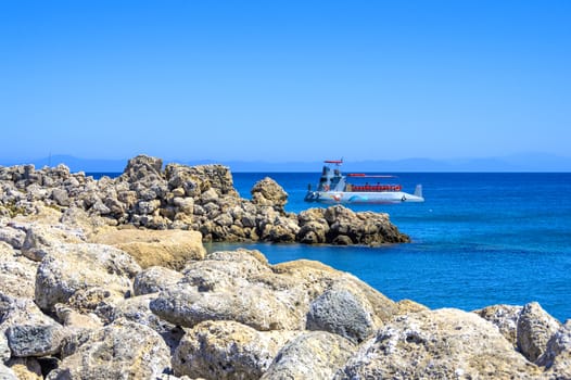 beautiful sea views of the city of Rhodes on the bright blue Mediterranean Sea