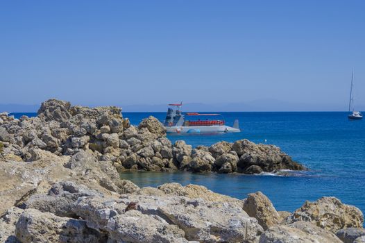 beautiful sea views of the city of Rhodes on the bright blue Mediterranean Sea