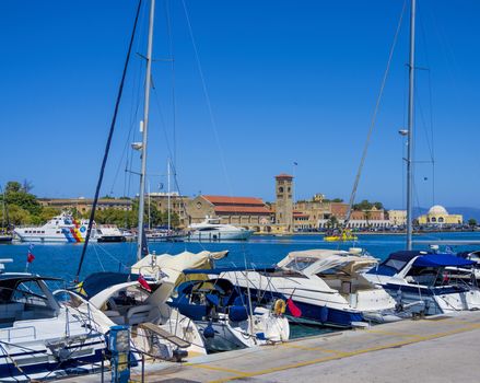 beautiful sea views of the city of Rhodes on the bright blue Mediterranean Sea