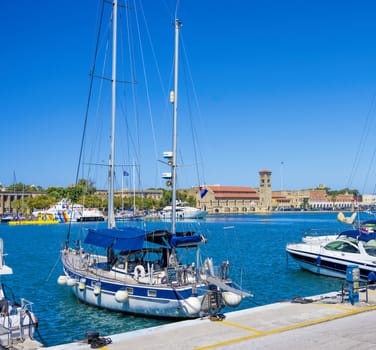 beautiful sea views of the city of Rhodes on the bright blue Mediterranean Sea