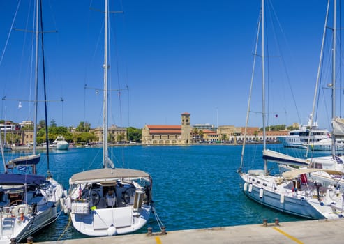 beautiful sea views of the city of Rhodes on the bright blue Mediterranean Sea