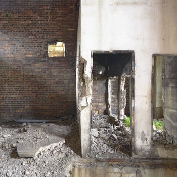 wide angle view of an old wall abandoned factory building