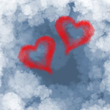 two red flying hearts made of smoke over cloud background.