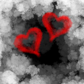 two red flying hearts made of smoke over cloud background.