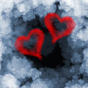 two red flying hearts made of smoke over cloud background.