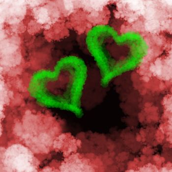 two green flying hearts made of smoke over cloud background.