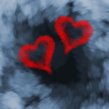 two red flying hearts made of smoke over cloud background.