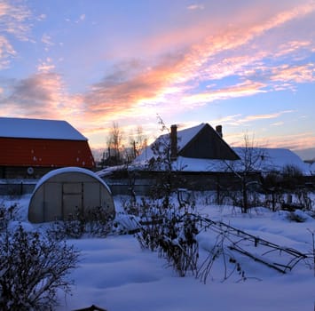 Winter landscape with a sunset in South-Ural region, Russia. Winter nature.
