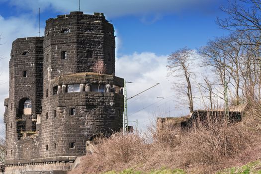 Ruin the Ludendorff Bridge at Erpel am Rhein in Germany.Towers of the Remagen bridge are located on the opposite bank of the city Erpel am Rhein in Germany.