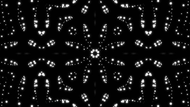 Glowing particles kaleidoscope with black background. Shining elements