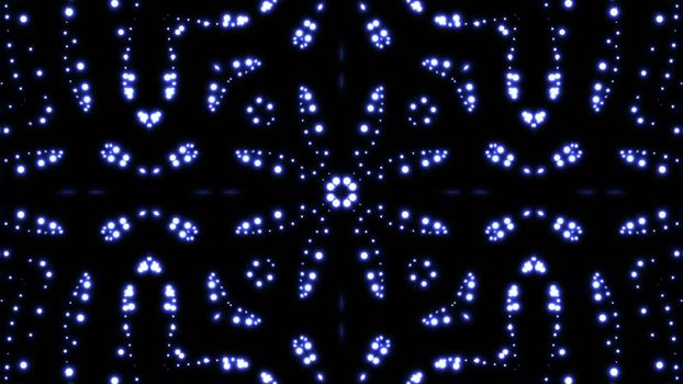 Glowing particles kaleidoscope with black background. Shining elements