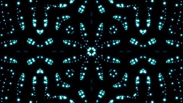 Glowing particles kaleidoscope with black background. Shining elements