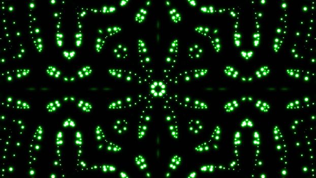 Glowing particles kaleidoscope with black background. Shining elements