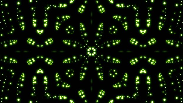 Glowing particles kaleidoscope with black background. Shining elements