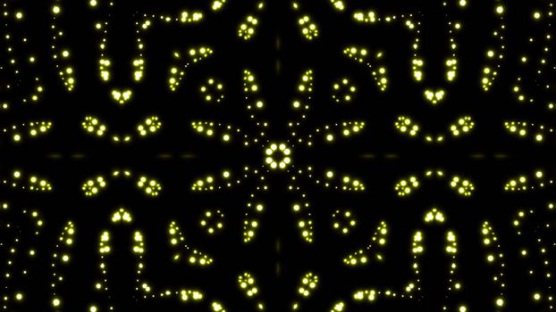 Glowing particles kaleidoscope with black background. Shining elements