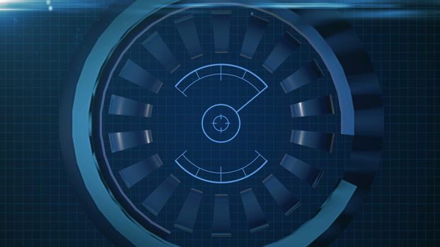 HUD circle interface with different glowing blue elements.