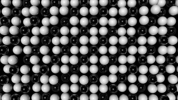 Abstract random animated background with black and white spheres. Seamless loop