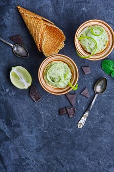 summer pistachio ice cream with lime and chocolate