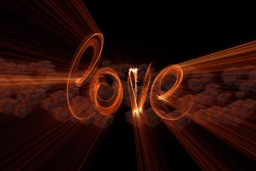 Love word lettering written with fire flame or smoke on black background full of gift boxes. 3d illustration.